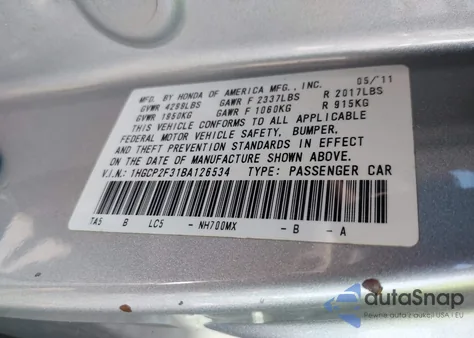 2011 Honda Accord 2.4 Lx из США, поврежденный, VIN 1HGCP2F31BA126534